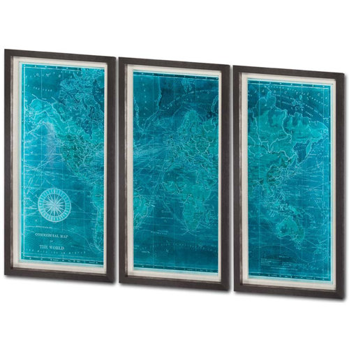7083 - Custom Azure World Map (MC) by Vision Studio a Framed Art Print Matted under Glass