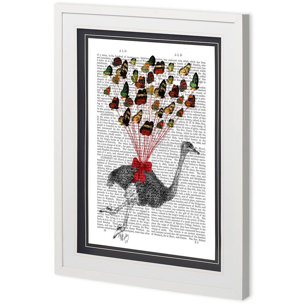 Custom Ostrich Flying with Butterflies by Fab Funky a Framed Art Print Matted under Glass