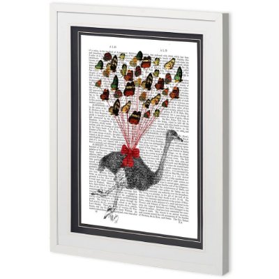 11229 - Custom Ostrich Flying with Butterflies by Fab Funky a Framed Art Print Matted under Glass