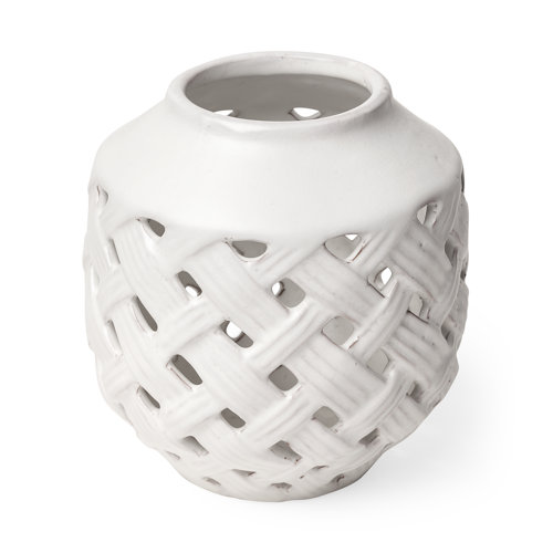 31056 - Forillon I Short White Glazed Lattice Pattern Vase