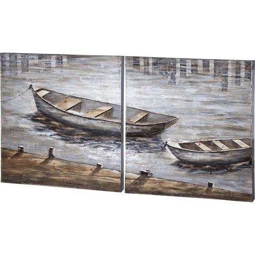 40596 - Creekside Diptych 80x40 Boats Original Hand Painted on Wood Oil Painting