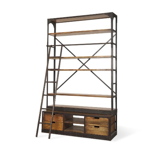 50031-AB - Brodie II Medium Brown Wood Black Ladder Four Shelf Shelving Unit 57L x 20.5W x94H
