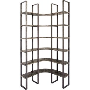 Turner I 37L x 10.5W x 90H Curved Brown Wood and Black Iron Six Shelving Unit