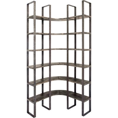 50241-AB - Turner I 37L x 10.5W x 90H Curved Brown Wood and Black Iron Six Shelving Unit