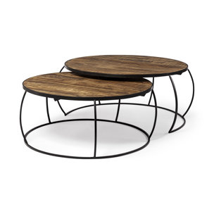 Clapp I Set of 2 (41" & 38") Round Brown Wood Top Black Iron Base Nesting Coffee Tables