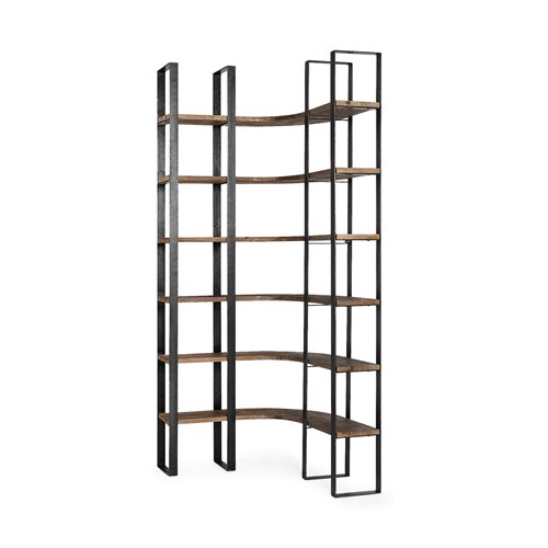 50366-AB - Turner II 37L x 10.5W x 90H Curved Dark Brown Wood And Black Iron Six Shelving Unit