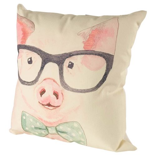 56029 - Gunther 18 x 18 Pink Pig with Glasses Pillow Cover 