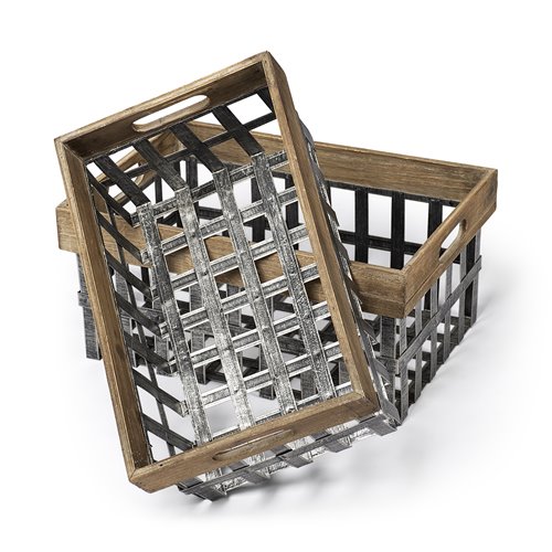 57851 - Chartrand Set of 2 Wood And Metal Open Crate Style Baskets