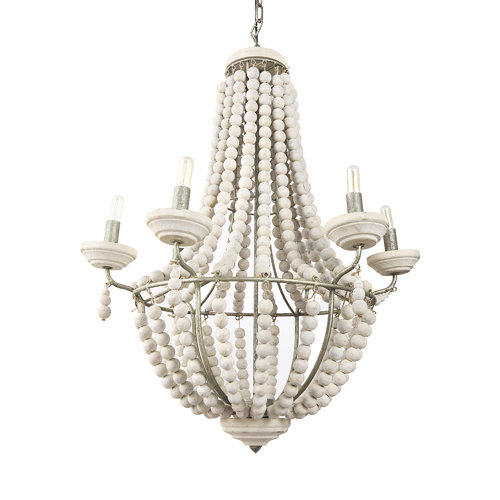65200 - Phillum (29"x37") Silver Metal Chassis and White Wood Beaded Six Bulb Chandelier 