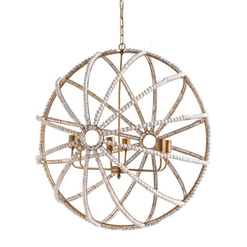 65273 - Ava White (34"D) Gold Metal and White Wood Beaded Six Bulb Chandelier 