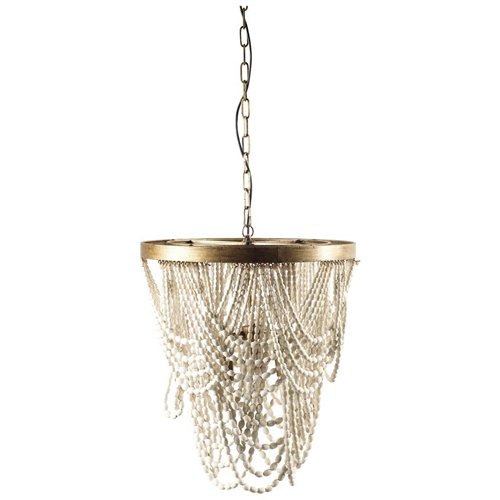 65455 - Pendra (26"x23") Gold Metal Whitewashed Wooden Bead Three Bulb Chandelier 