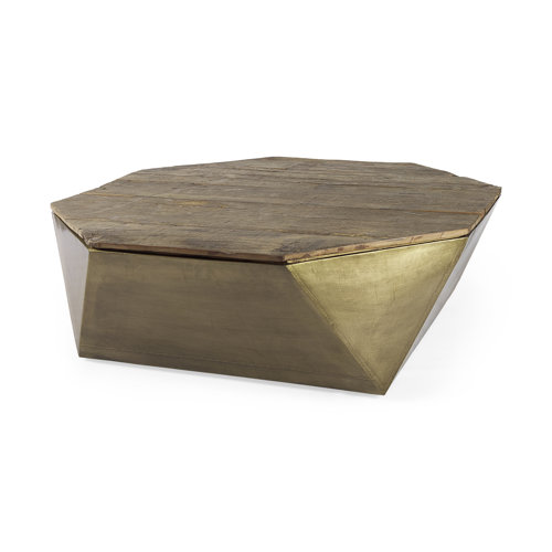 67092 - Esagono Octagonal Gold Metal-Clad Reclaimed Wood Coffee Table w/ Storage