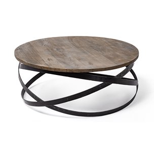 Triumph 40" Round Brown Solid Wood Top Black Metal Base Coffee Table