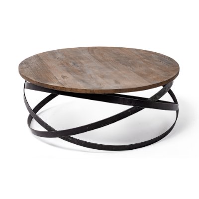 67108 - Triumph 40" Round Brown Solid Wood Top Black Metal Base Coffee Table