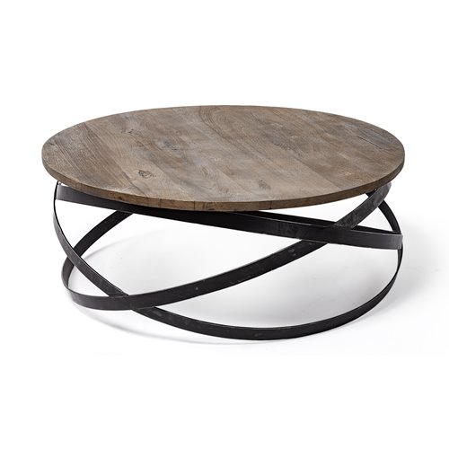 67108 - Triumph 40" Round Brown Solid Wood Top Black Metal Base Coffee Table