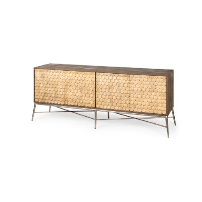 67116 - Swordfish 72L x 19W  x 30.25H Two-Tone Brown Wood Cabinet Silver Metal Base 4 Cabinet Door Sideboard
