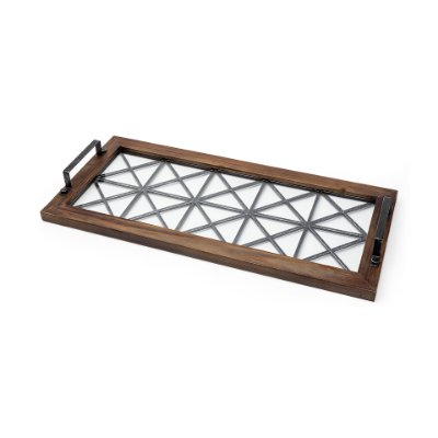 67236 - Ellingson 28L x 13W Black Rectangular Metal Glass Wood Bottom Tray