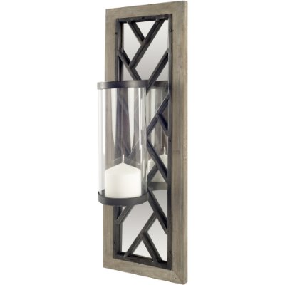 67596 - Benji 24"H Brown Wood Frame Black Metal Accent Mirrored Wall Candle Holder