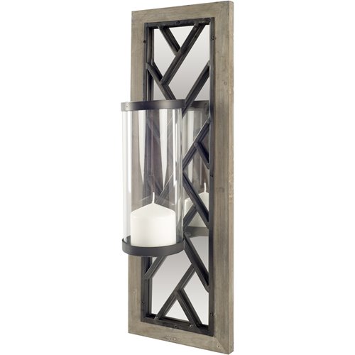 67596 - Benji 24"H Brown Wood Frame Black Metal Accent Mirrored Wall Candle Holder