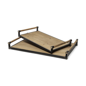 Benson Set of 2 Brown Wood Black Metal Trays 