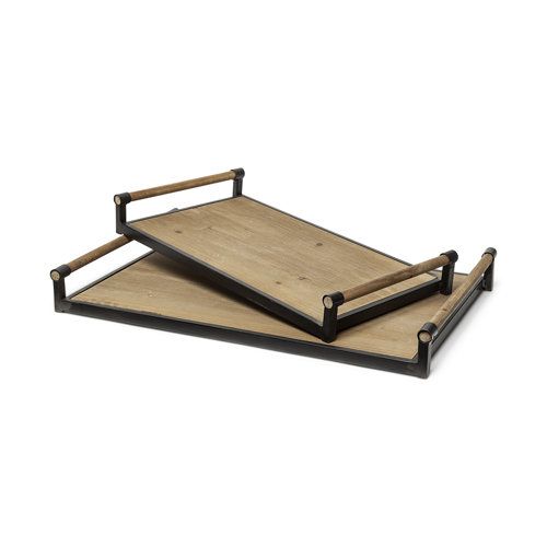 67701 - Benson Set of 2 Brown Wood Black Metal Trays 
