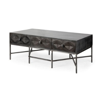 67742 - Hogarth 48x24 Rectangular Brown Solid Wood Top Iron Metal Base w/6 Drawers Coffee Table