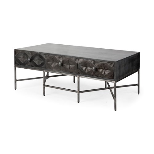 67742 - Hogarth 48x24 Rectangular Brown Solid Wood Top Iron Metal Base w/6 Drawers Coffee Table