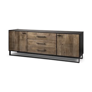 Alvin 82x20 Brown Solid Wood With Black Metal Frame 3 Drawer 2 Cabinet Door Sideboard