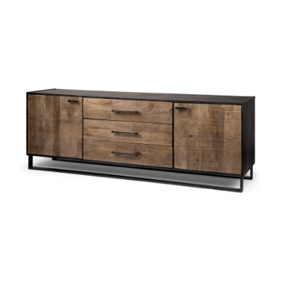 67851 - Alvin 82x20 Brown Solid Wood With Black Metal Frame 3 Drawer 2 Cabinet Door Sideboard