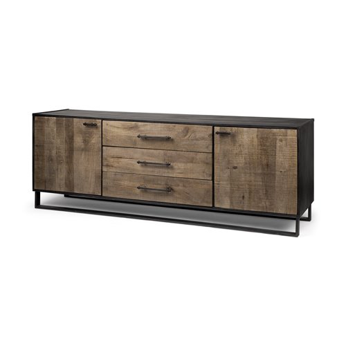 67851 - Alvin 82x20 Brown Solid Wood With Black Metal Frame 3 Drawer 2 Cabinet Door Sideboard