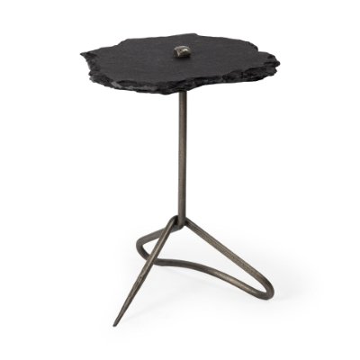 67803-AB - Pinera II 19L x 19W Black Slate Top W/ Triangular Iron Base Accent Table 