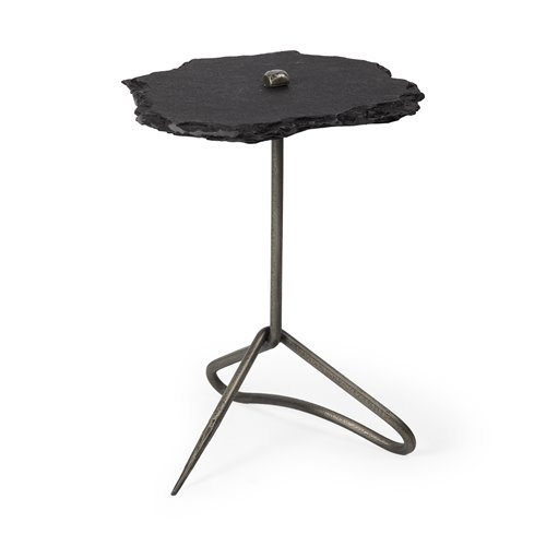 67803-AB - Pinera II 19L x 19W Black Slate Top W/ Triangular Iron Base Accent Table 