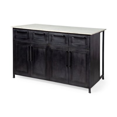 67839-AB - Fieri Solid Iron Black Body White Marble Top Four Drawer Kitchen Island