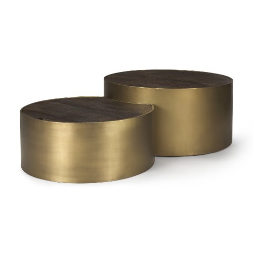 67828 - Eclipse Antique Brass Metal Drum Base w/ Dark Brown Wood Top Nested Coffee Table