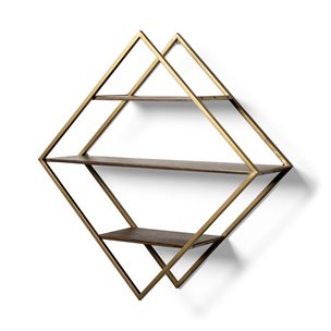 Neil I Diamond Shape Wall Mounted Brass Frame w Three Wood Wall Shelves