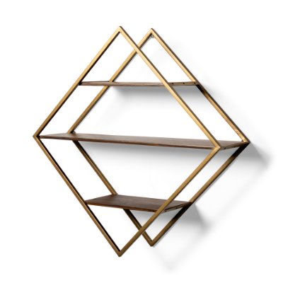 68006 - Neil I Diamond Shape Wall Mounted Brass Frame w Three Wood Wall Shelves