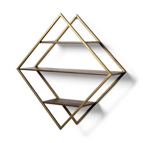 68006 - Neil I Diamond Shape Wall Mounted Brass Frame w Three Wood Wall Shelves