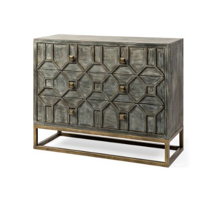 68115 - Genevieve I 39L x 16W Gray Fir Veneer And Metal Base 3 Drawer Accent Cabinet