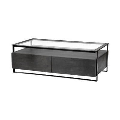 68207 - Vidro 54x30 Rectangular Glass Top Black Solid Wood Drawers & Black Frame Coffee Table