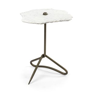 Pinera II 19L x 19W White Marble W/ Triangluar Gold Iron Base Accent Table 