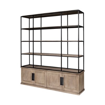 68202-AB - Braxton I Light Brown Wood and Iron Three Shelf Shelving Unit 81.5L x 18.5W x 90