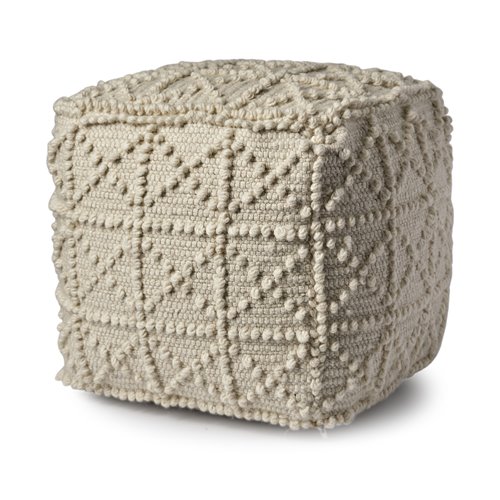 68390 - Leroy Square Cream Wool Pouf w/ Popcorn Detail