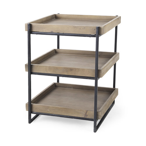 68219 - Trey III 20" x 26" Square Medium Brown Wooden Three-Tiered Black Iron Frame End/Side Table
