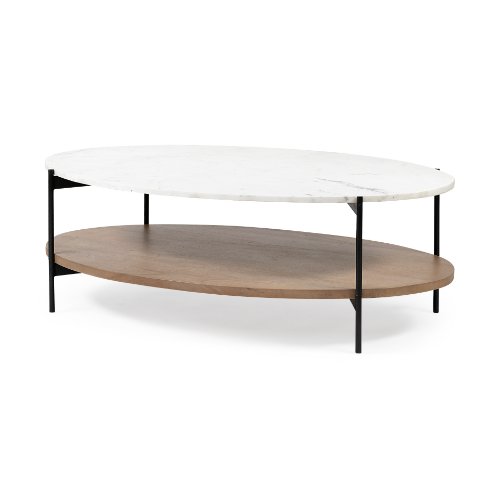 68489-AB - Larkin 48" Oval White Marble Top and Solid Wood Shelf w/ Black Metal Frame Coffee Table