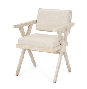 Topanga Open Back Dining Arm Chair | Cream Fabric w/ Blonde Wooden