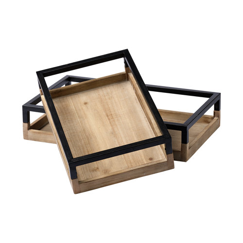 68647 - Ross Set of 2 Natural Wood W/ Black Metal Nesting Trays