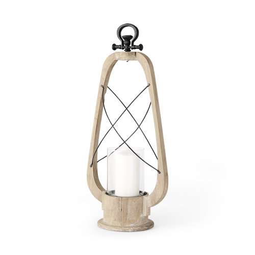 68638 - Zain II Large Brown Wooden Vintage Inspired Candle Holder Lantern