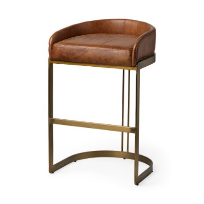 68574 - Hollyfield Cognac Brown Leather Seat Gold Metal Base Bar Stool