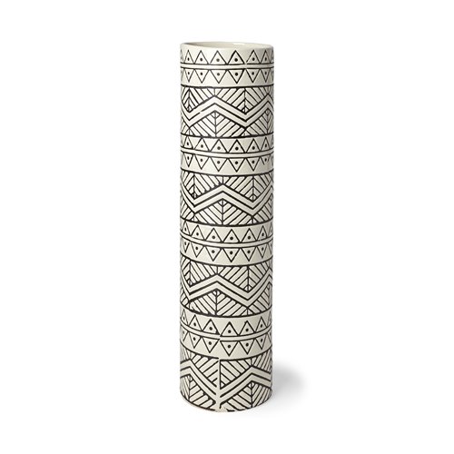 68624 - Uhura II Large Cream Black Patterned Cylindrical Ceramic Vase