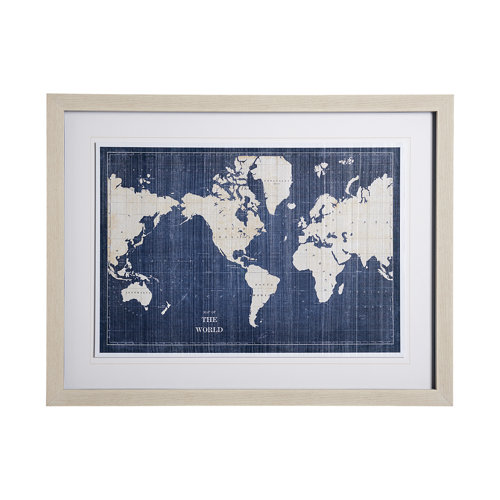 13072 - Blueprint World Map by Sue Schlabach a Hand Embellished Textured Framed Art Print Matted under Glass
